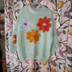 Floral Knit Women Sweater - Mint Green